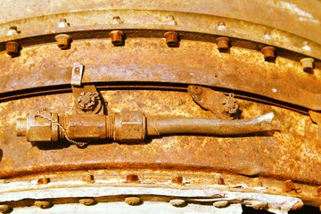 Steampunk vintage jet engine. Unusual old aircraft technology. Engine parts of a jet plane. Vintage...