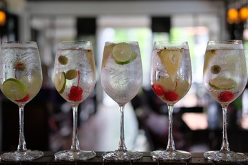 Gin tonic alcoholic drinks on counter bar