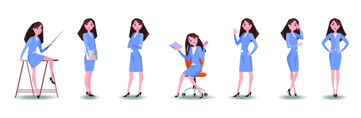 Vector illustration in a flat style .Set of a young woman in casual office dress code clothes in different poses. A character for your project. 