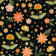 Embroidery seamless print with orange and yellow flowers on black background. Fashion print.