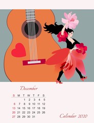 Girl dancing flamenco in red dress and stylized guitar with red heart. Beautiful template of december month. Calendar for 2020 year. Week starts on sunday.