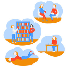 School public library. Book club meeting. Reading students sitting in literature class. Cartoon Person sit in a shop