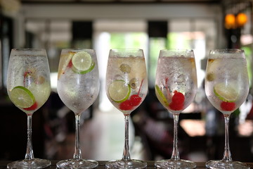 Gin tonic alcoholic drinks on counter bar