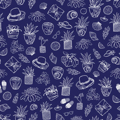 Vector indigo blue tropical beach resort spa repeat pattern with many elements. Suitable for gift wrap, textile and wallpaper.