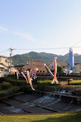 Japanese koinobori flying koi carp fish in Beppu during Golden Week