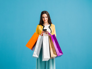 Happy woman using shopping apps