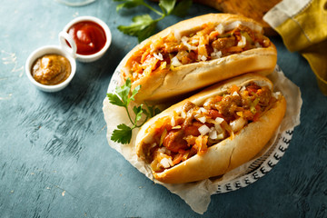 Homemade hot dogs with sauerkraut