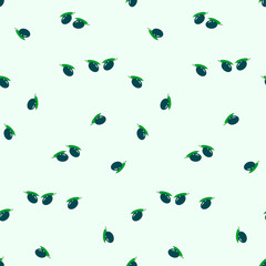 Black olive seamless pattern fruits, green leaves on light blue flat design element stock vector illustration for web, for print, for packaging, for product design, for tabelclouse fabric