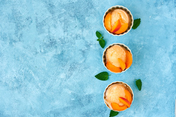 Homemade apricot ice cream , sorbet with ripe apricots and mint leaves. Top view