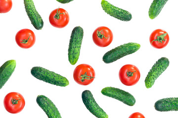 Cucumbers and tomatoes mix, top view. Clipping path