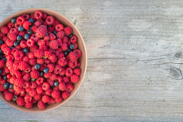 Bowl with raspberries and blueberries, copy space