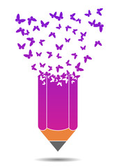 Pencil and flying butterfly, vector illustration