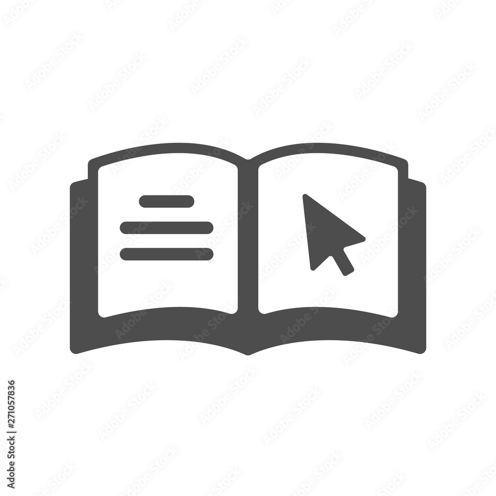 Poster ebook with mouse cursor arrow and lines. open book vector icon isolated on white background. study a