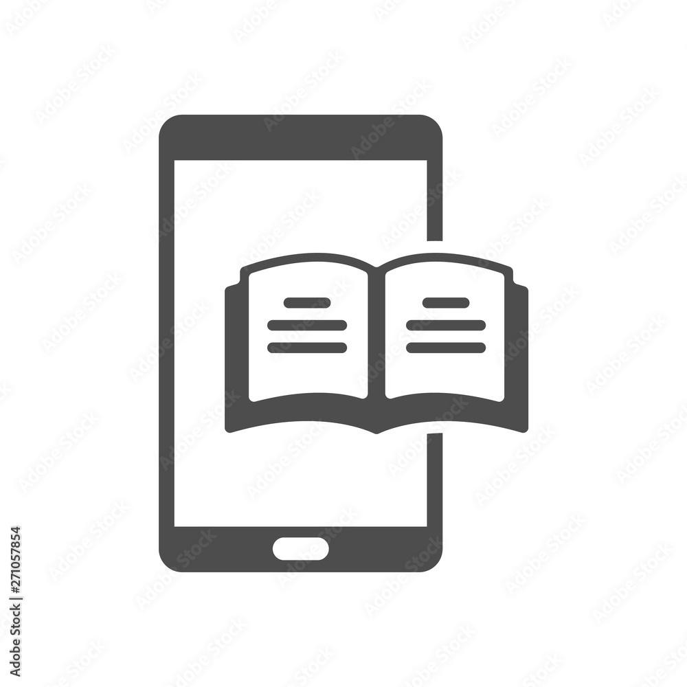 Poster ebook mobile app on smartphone. open book with lines on smartphone vector icon isolated on white bac