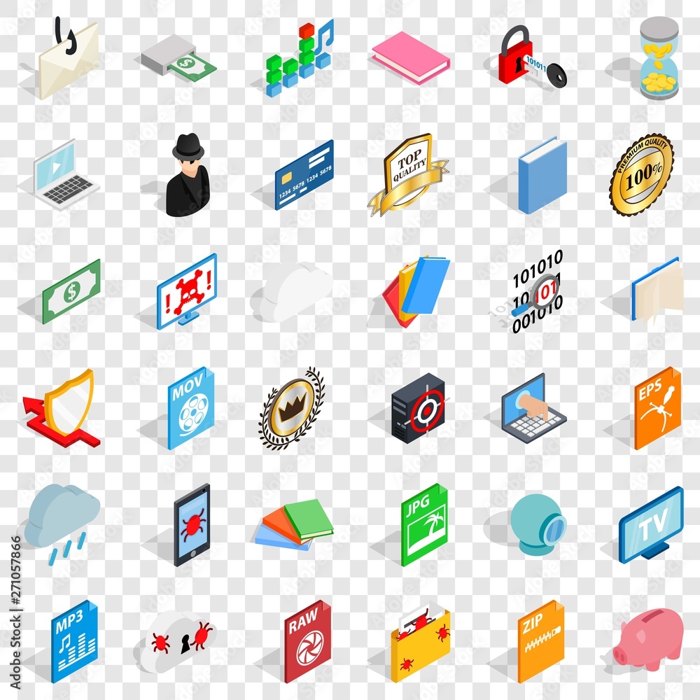Poster file icons set. isometric style of 36 file vector icons for web for any design