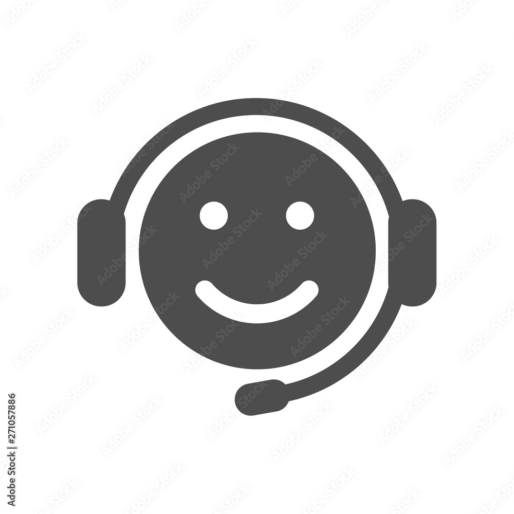Poster smiley head in headphones with microphone vector icon isolated on white background. internet communi