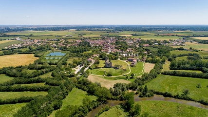 Aerial view of Maillezais abbey in the Poitevin marsh, France