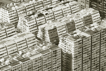 Aerial view of old residential building in Hong Kong city