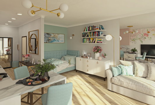 Cozy light modern studio apartment in pink and turquoise colors, 3d render