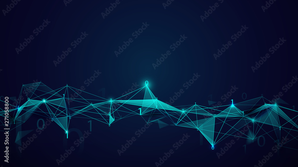 Poster molecules structure and binary code technology on dark blue background. abstract connect lines and d