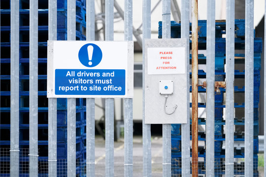 Driver And Visitors Report To Site Office Sign And Entrance Buzzer