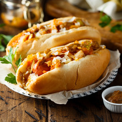 Homemade hot dogs with sauerkraut