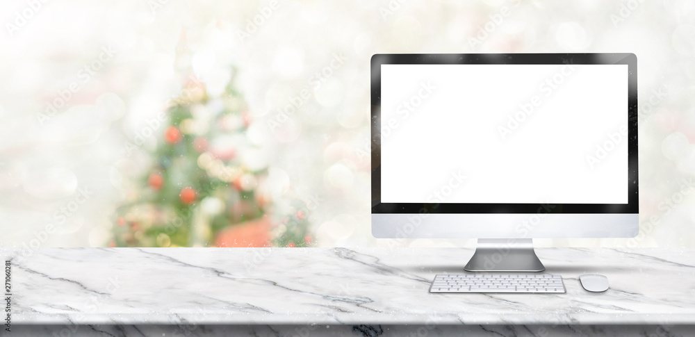 Aufkleber merry christmas banner,Mock up desktop computer on white marble table with blur christmas tree and snow fall background with bokeh light. banner for display of product.