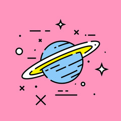 Saturn planet line icon with pink galaxy background. Vector illustration.