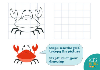 Copy and color picture vector illustration, exercise. Funny cartoon red crab