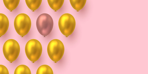 Holiday horizontal banner with 3d realistic glossy balloons in golden and pink colors. Arranged in grid form. Place for text. Vector illustration.