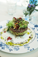 Healthy avo burger with beef and salad