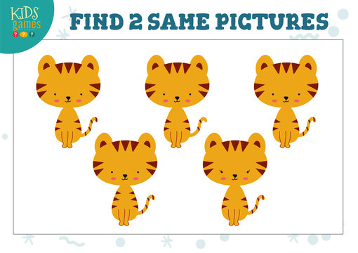 Find two same pictures kids game vector illustration. Activity for preschool children