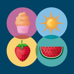 set of ice cream with watermelon and icons