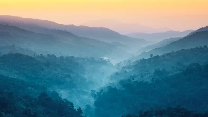 Papier Peint photo Vert bleu earth day and environment care travel concept from beautiful landscape of tropical forest with haze with soft focus of layer mountain background