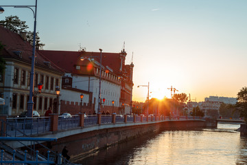 sunset over the river Odra and Wroclaw panorama