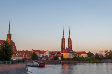 sunset over the river Odra and Wroclaw panorama