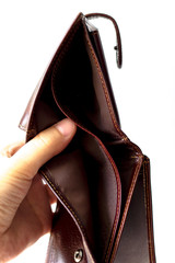  man looks into his empty wallet. Stress crisis, unemployed  recession situation and hopelessness