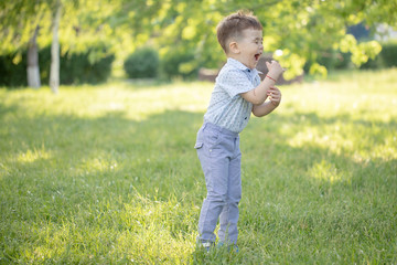 Sporty cute positive kid, playing happily with big ball on green meadow.little boy play in green grass