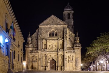 Sacra Chapel of the Savior in Úbeda at night.  Renaissance chapel with plateresque facade.