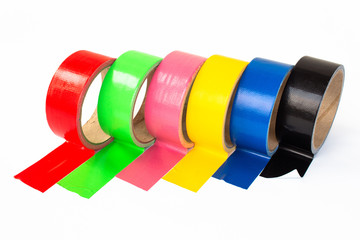 Set of multicolored scotch Tape on white background. sticky tape, adhesive pieces.