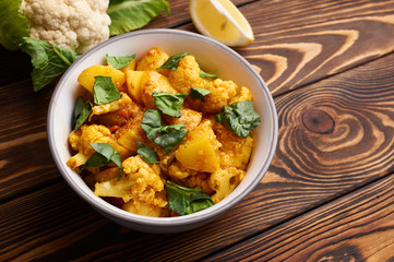 aloo gobi. Indian cuisine vegetarian curry cooked with cauliflower, potato, ginger, garlic and spices - cumin, coriander, chili and garam masala. brown woden table top
