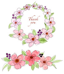 Set of floral branch, wreath, watercolor design elements