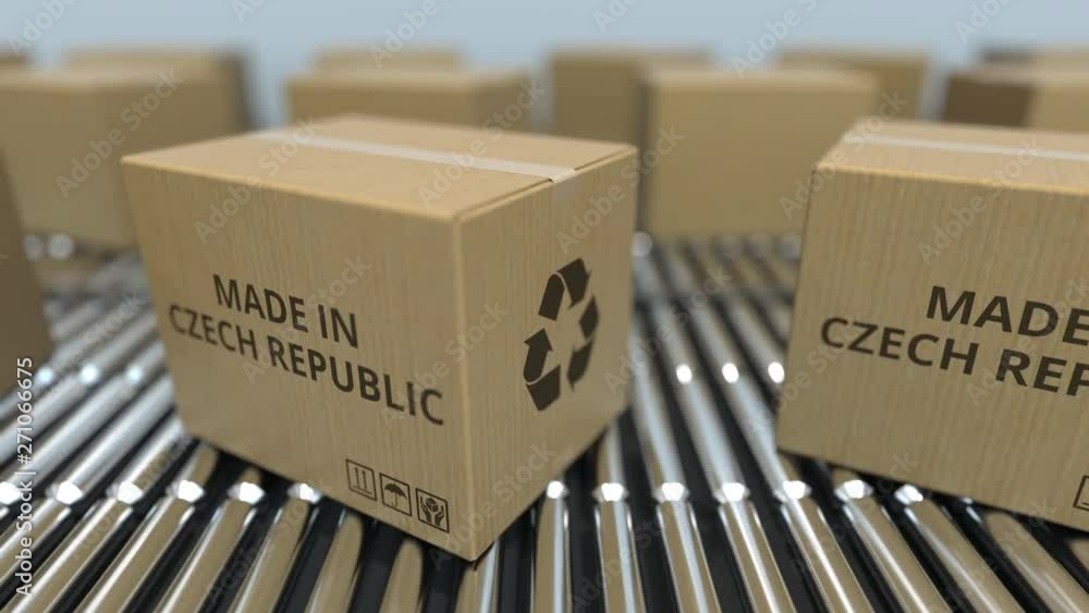 Poster boxes with made in czech republic text on roller conveyor. goods related loopable 3d animation