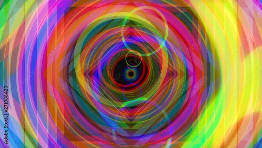 Poster flying through bright colorful hypnotic tunnel with circles and squares, seamless loop. animation. r