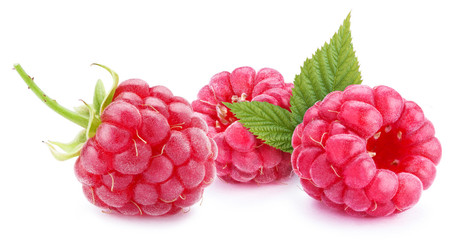 Ripe raspberries with leaves, isolated on white background