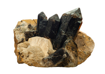 conglomerate of morion, feldspar and mica crystals isolated on white background
