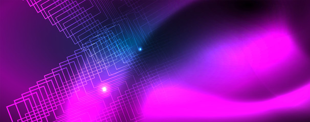 Neon glowing techno lines, hi-tech futuristic abstract background template, vector