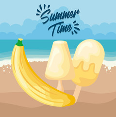 Fototapeta na wymiar summer beach poster with banana and ice creams