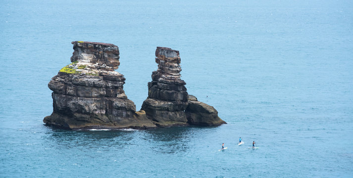 Landscape View of Twin Candlestick Islets (Husband and Wife Rocks) at the North Coast of Taiwan, Jinshan District , New Taipei, Taiwan