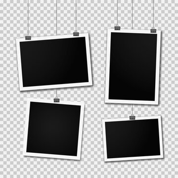 Retro photo frame templates hanging on wall. Set of Realistic blank photo card. Vertical and horizontal template photo design. Blank photo frame hanging on a line